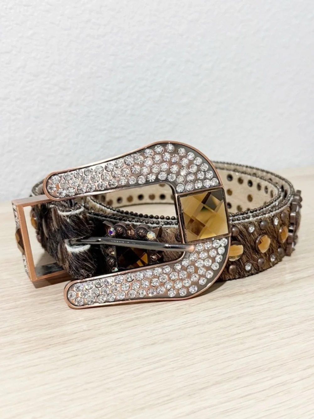 Nocona Size L Western Rodeo Rhinestone Jewel Embellished‎ Calf Hair Leather Belt